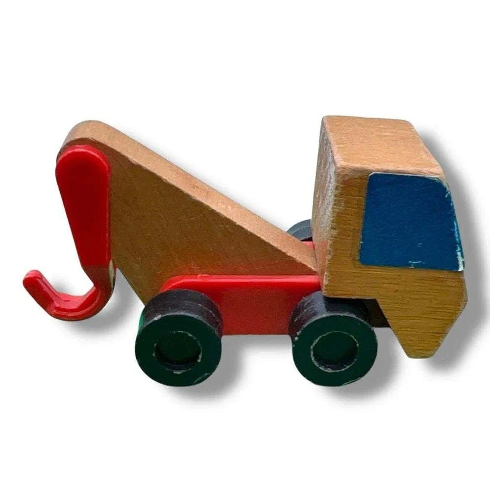Vintage Wooden Toy‎ Construction Vehicle Set Forklift Tow Truck Tanker 3pc Lot